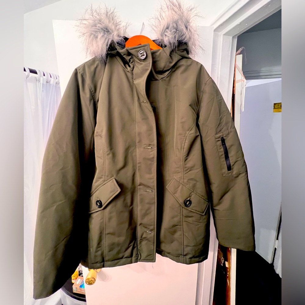 Wantdo XL Down feather coat with fur hood zip pocket sleeve olive green